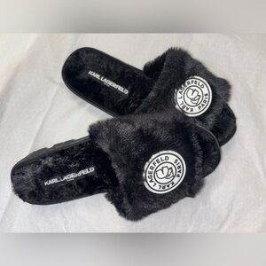 🔥Rare🔥 KARL LAGERFELD Paris Women 7 Jaima Faux Fur Platform Slides Like NEW